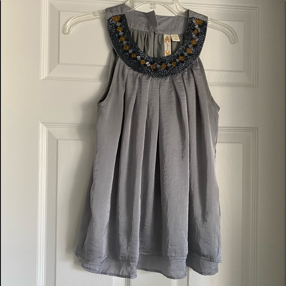 Ladies beautiful and fun top. Dress up or down.Sz PM.  Gray with stones/beads.